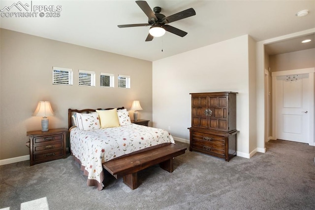 bedroom featuring carpet, baseboards, and ceiling fan