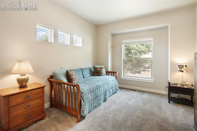 carpeted bedroom featuring multiple windows and baseboards