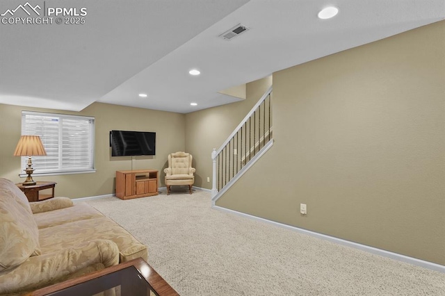 living room with carpet floors, baseboards, recessed lighting, and stairway