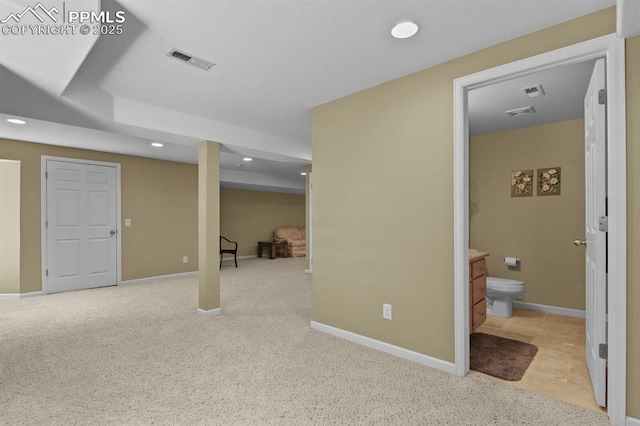 finished basement with recessed lighting, baseboards, and carpet floors