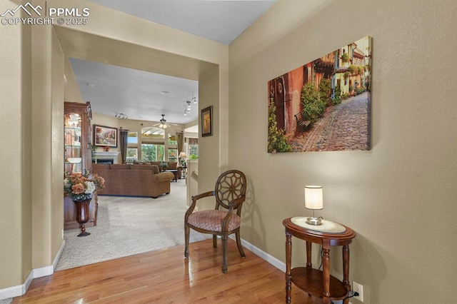 sitting room with wood finished floors, a ceiling fan, and baseboards