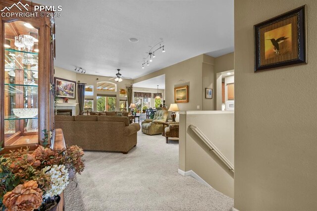 living area with carpet floors, ceiling fan, and a tiled fireplace
