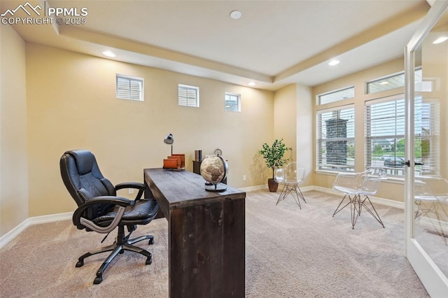 8451 Meadow Wing Cir, Colorado Springs, CO 80927 - carpeted home office with recessed lighting, baseboards, and a tray ceiling