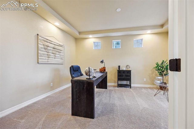 8451 Meadow Wing Cir, Colorado Springs, CO 80927 - office with carpet, recessed lighting, a tray ceiling, and baseboards