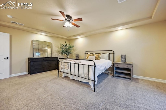 8451 Meadow Wing Cir, Colorado Springs, CO 80927 - carpeted bedroom with recessed lighting, a raised ceiling, baseboards, and ceiling fan