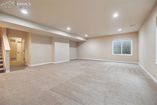 8451 Meadow Wing Cir, Colorado Springs, CO 80927 - finished basement featuring recessed lighting, carpet flooring, stairway, and baseboards