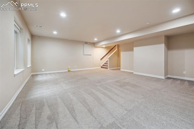 8451 Meadow Wing Cir, Colorado Springs, CO 80927 - finished basement with recessed lighting, carpet, stairway, and baseboards