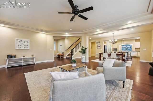8451 Meadow Wing Cir, Colorado Springs, CO 80927 - living room with recessed lighting, stairway, hardwood / wood-style flooring, ceiling fan, and baseboards