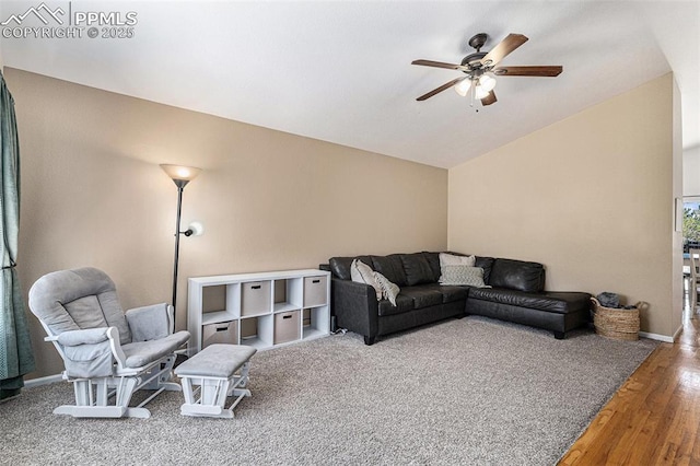 12543 Pine Valley Cir, Peyton, CO 80831 - living area featuring a ceiling fan, lofted ceiling, and wood finished floors