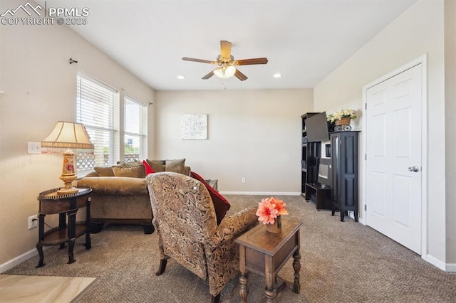 1245 E 5th Ave, Deer Trail, CO 80105 - carpeted living area featuring ceiling fan, baseboards, and recessed lighting
