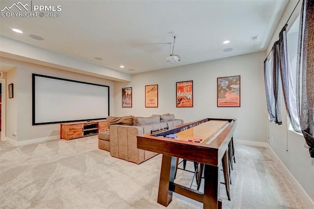 carpeted cinema room featuring baseboards and recessed lighting