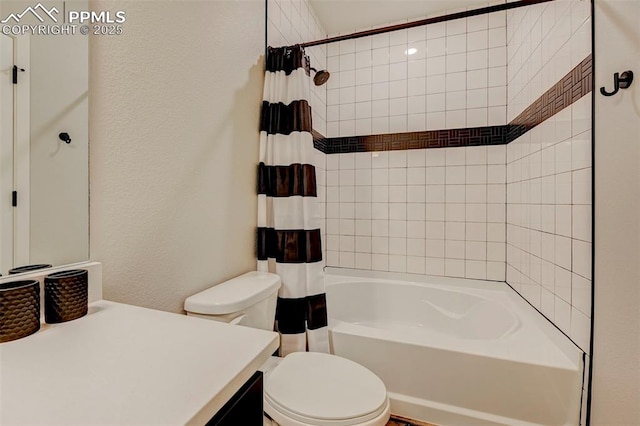 full bathroom featuring toilet, shower / tub combo with curtain, vanity, and a textured wall