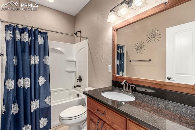 20097 Royal Troon Dr, Monument, CO 80132 - bathroom with a textured wall, toilet, vanity, and shower / bath combo with shower curtain