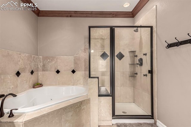 20097 Royal Troon Dr, Monument, CO 80132 - bathroom with crown molding, a shower stall, and a jetted tub