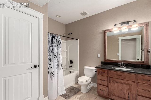 20097 Royal Troon Dr, Monument, CO 80132 - full bath featuring baseboards, vanity, tile patterned floors, toilet, and shower / bath combination with curtain