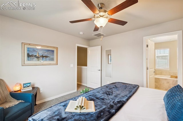 bedroom with baseboards, carpet flooring, ensuite bath, and ceiling fan