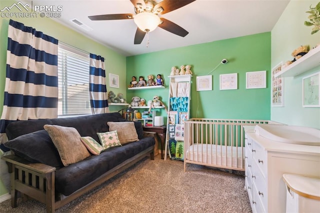 bedroom with carpet flooring and ceiling fan