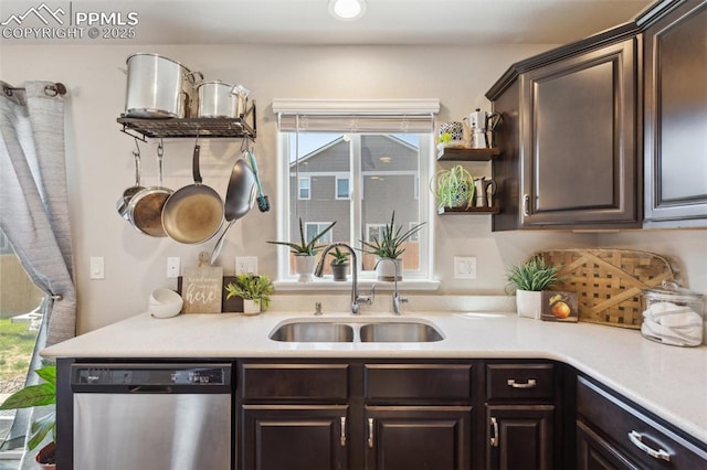 kitchen with stainless steel dishwasher, a sink, and dark brown cabinetry