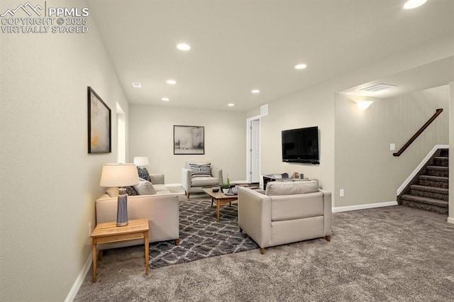 4479 Hessite Loop, Colorado Springs, CO 80938 - carpeted living room with stairs, recessed lighting, and baseboards