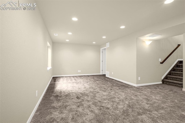 4479 Hessite Loop, Colorado Springs, CO 80938 - basement featuring carpet floors, recessed lighting, stairs, and baseboards