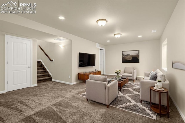 4473 Hessite Loop, Colorado Springs, CO 80938 - carpeted living room with stairs, recessed lighting, and baseboards