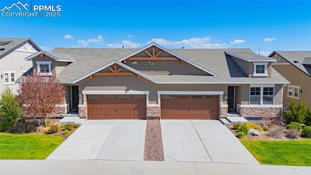 4473 Hessite Loop, Colorado Springs, CO 80938 - craftsman inspired home with stone siding, stucco siding, concrete driveway, a garage, and a front lawn