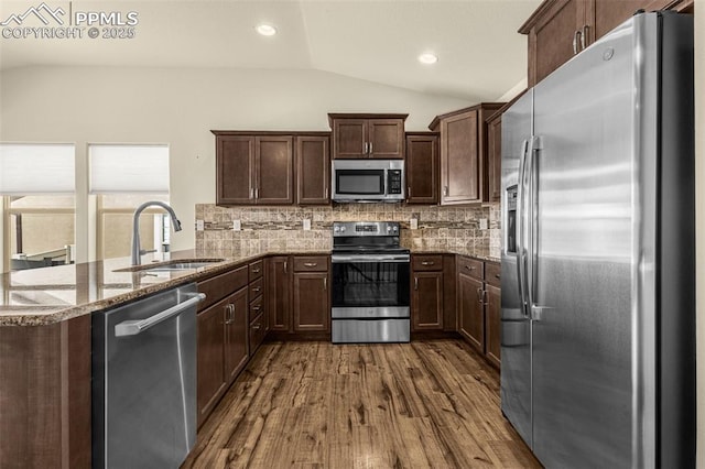 4473 Hessite Loop, Colorado Springs, CO 80938 - kitchen with appliances with stainless steel finishes, a sink, lofted ceiling, a peninsula, and stone counters