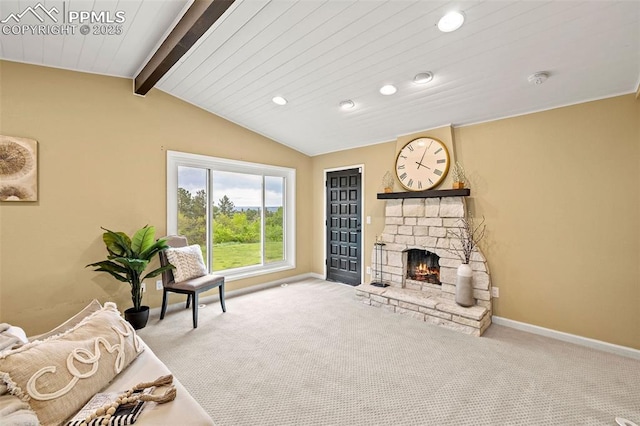 1308 Mesa Ave, Colorado Springs, CO 80906 - carpeted living area featuring recessed lighting, baseboards, and a stone fireplace