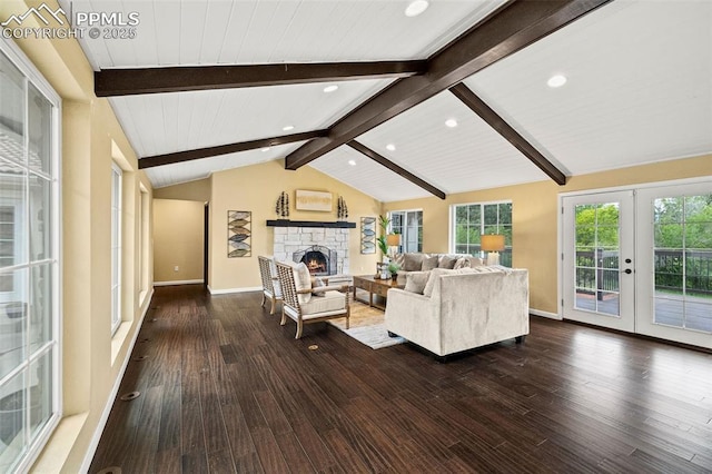 1308 Mesa Ave, Colorado Springs, CO 80906 - living area featuring french doors, a fireplace, dark wood-style floors, recessed lighting, and baseboards