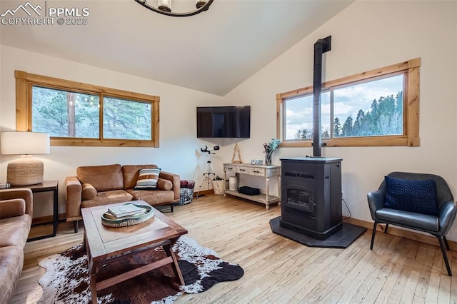1978 High Chateau Rd, Florissant, CO 80816 - living area featuring a wood stove, hardwood / wood-style flooring, and vaulted ceiling