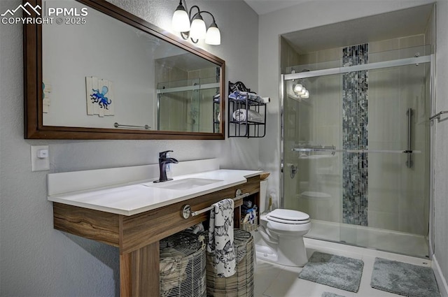 bathroom with toilet, a shower stall, vanity, and tile patterned floors
