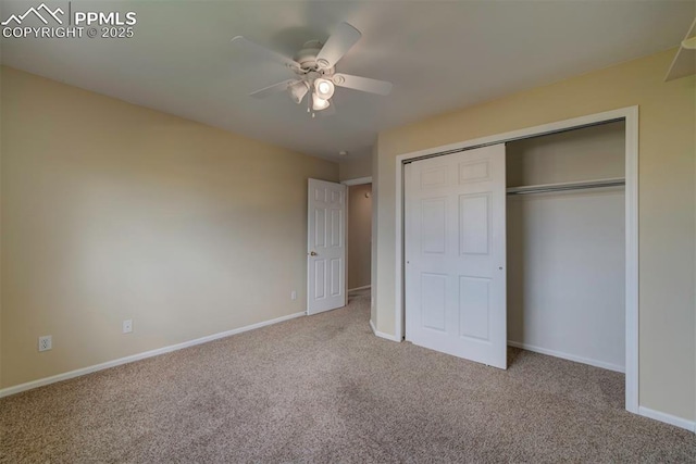 6726 Annanhill Pl, Colorado Springs, CO 80922 - unfurnished bedroom featuring carpet flooring, baseboards, a closet, and a ceiling fan