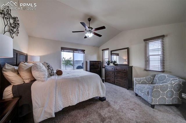 6752 Red Cardinal Loop, Colorado Springs, CO 80908 - bedroom featuring carpet floors, vaulted ceiling, and ceiling fan