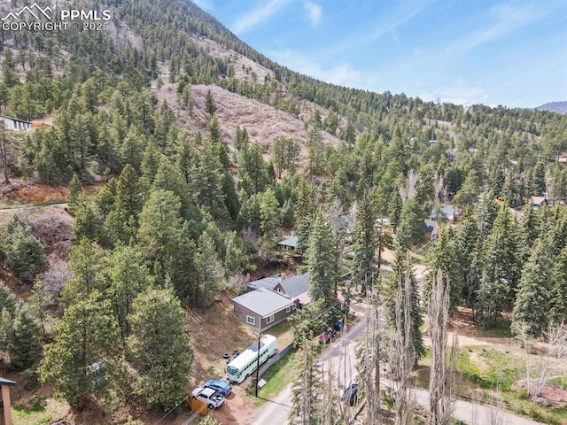 aerial view of property's location featuring a forest and a mountainous background