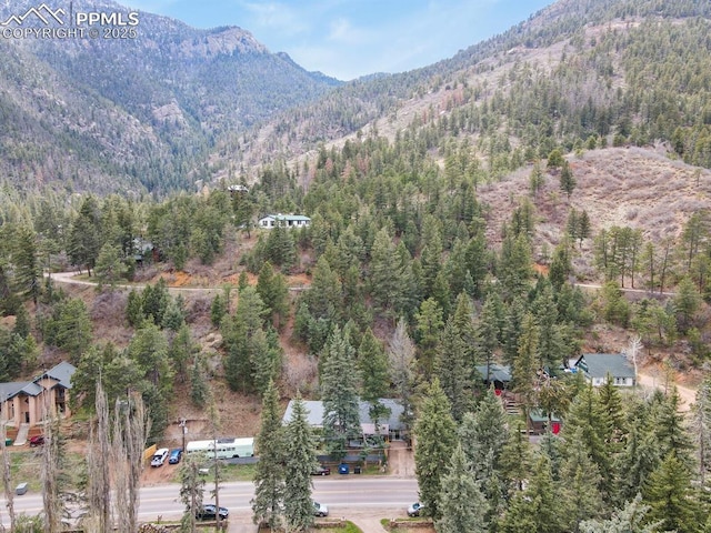 aerial view of property and surrounding area featuring mountains and a heavily wooded area
