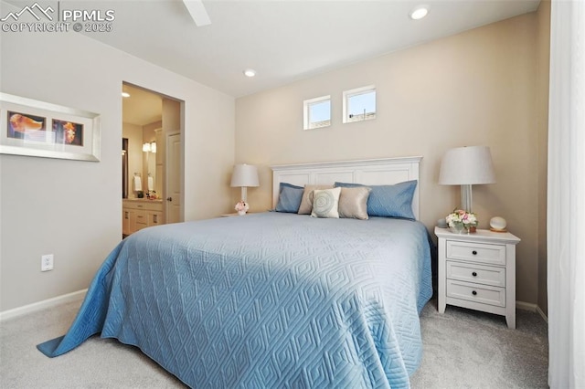 5932 Torrisdale Vw, Colorado Springs, CO 80927 - bedroom with carpet floors, baseboards, recessed lighting, ensuite bath, and ceiling fan
