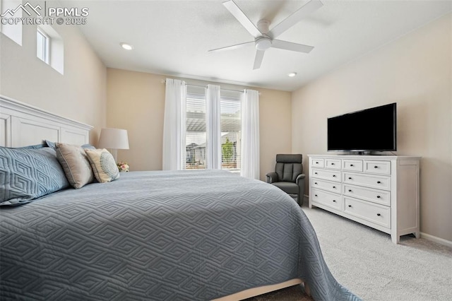 5932 Torrisdale Vw, Colorado Springs, CO 80927 - bedroom featuring light colored carpet, multiple windows, recessed lighting, and a ceiling fan