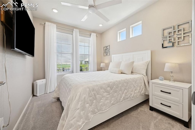 5932 Torrisdale Vw, Colorado Springs, CO 80927 - bedroom featuring light carpet, recessed lighting, baseboards, and a ceiling fan