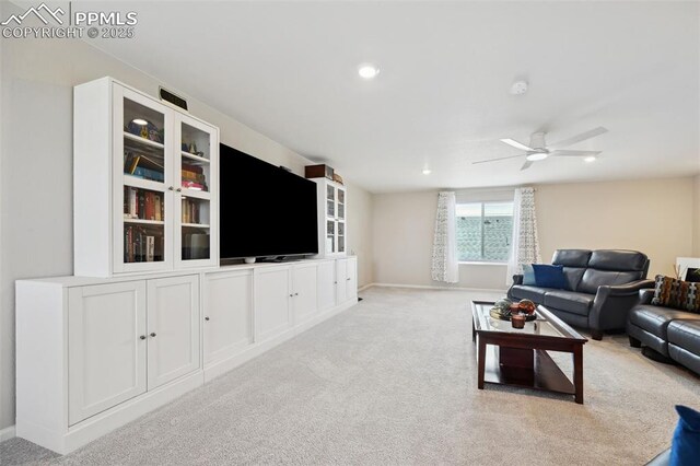 5932 Torrisdale Vw, Colorado Springs, CO 80927 - living room featuring carpet flooring, baseboards, ceiling fan, and recessed lighting