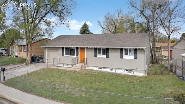 1033 Mt Werner Cir, Colorado Springs, CO 80905 - view of front of house with driveway, a garage, crawl space, entry steps, and a shingled roof