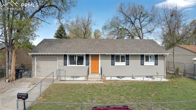1033 Mt Werner Cir, Colorado Springs, CO 80905 - ranch-style home featuring a garage, driveway, crawl space, and roof with shingles