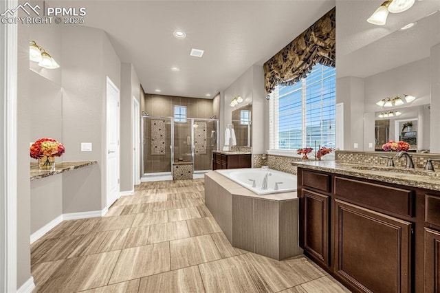 10282 Mt Lincoln Dr, Peyton, CO 80831 - bathroom featuring a bath, a stall shower, vanity, and recessed lighting