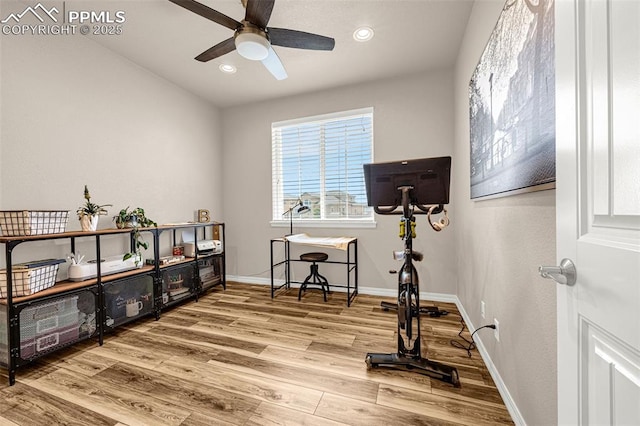 10282 Mt Lincoln Dr, Peyton, CO 80831 - exercise area with wood finished floors, a ceiling fan, recessed lighting, and baseboards