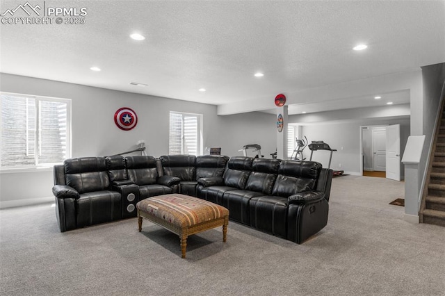 8674 Tranquil Knoll Ln, Colorado Springs, CO 80927 - carpeted living area featuring recessed lighting, stairway, baseboards, healthy amount of natural light, and a textured ceiling