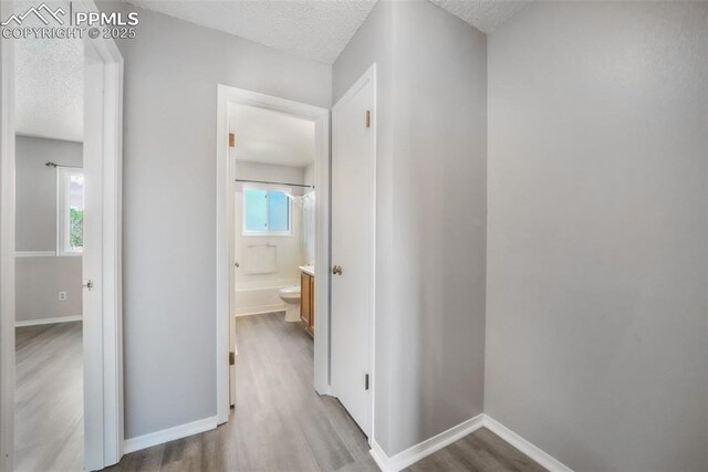 1223 Soaring Eagle Dr, Colorado Springs, CO 80915 - hall featuring a textured ceiling, light wood-type flooring, and baseboards