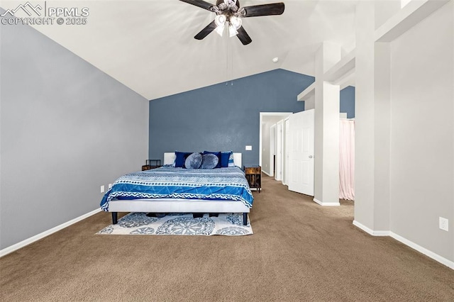 8290 Meadowcrest Dr, Fountain, CO 80817 - carpeted bedroom featuring vaulted ceiling, baseboards, and a ceiling fan