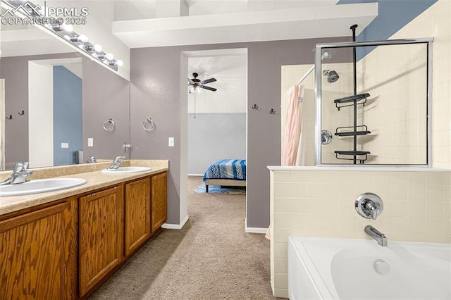 8290 Meadowcrest Dr, Fountain, CO 80817 - bathroom with a tile shower, a garden tub, connected bathroom, a ceiling fan, and double vanity
