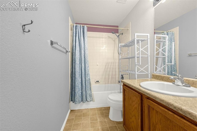 8290 Meadowcrest Dr, Fountain, CO 80817 - bathroom with vanity, toilet, shower / bath combo, tile patterned flooring, and baseboards