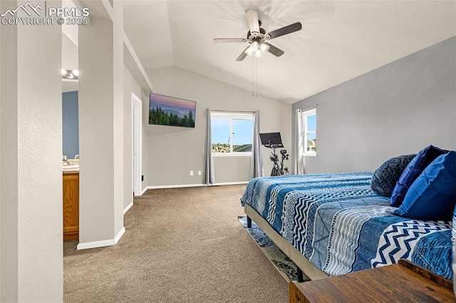 8290 Meadowcrest Dr, Fountain, CO 80817 - bedroom featuring carpet flooring, lofted ceiling, baseboards, and a ceiling fan