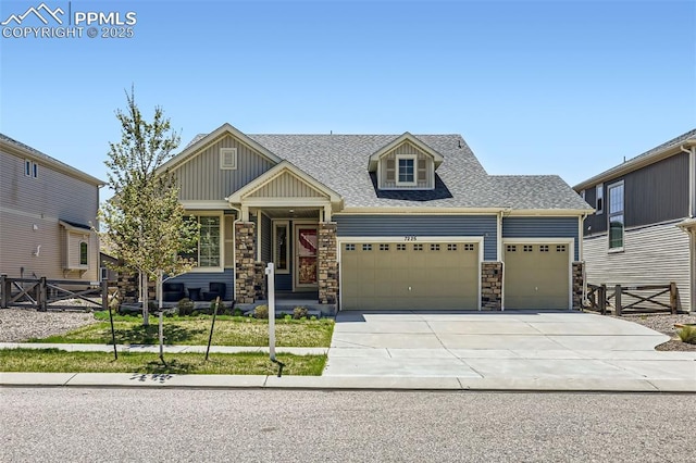 7225 Horizon Wood Ln, Colorado Springs, CO 80927 - craftsman-style home with an attached garage, fence, stone siding, and concrete driveway